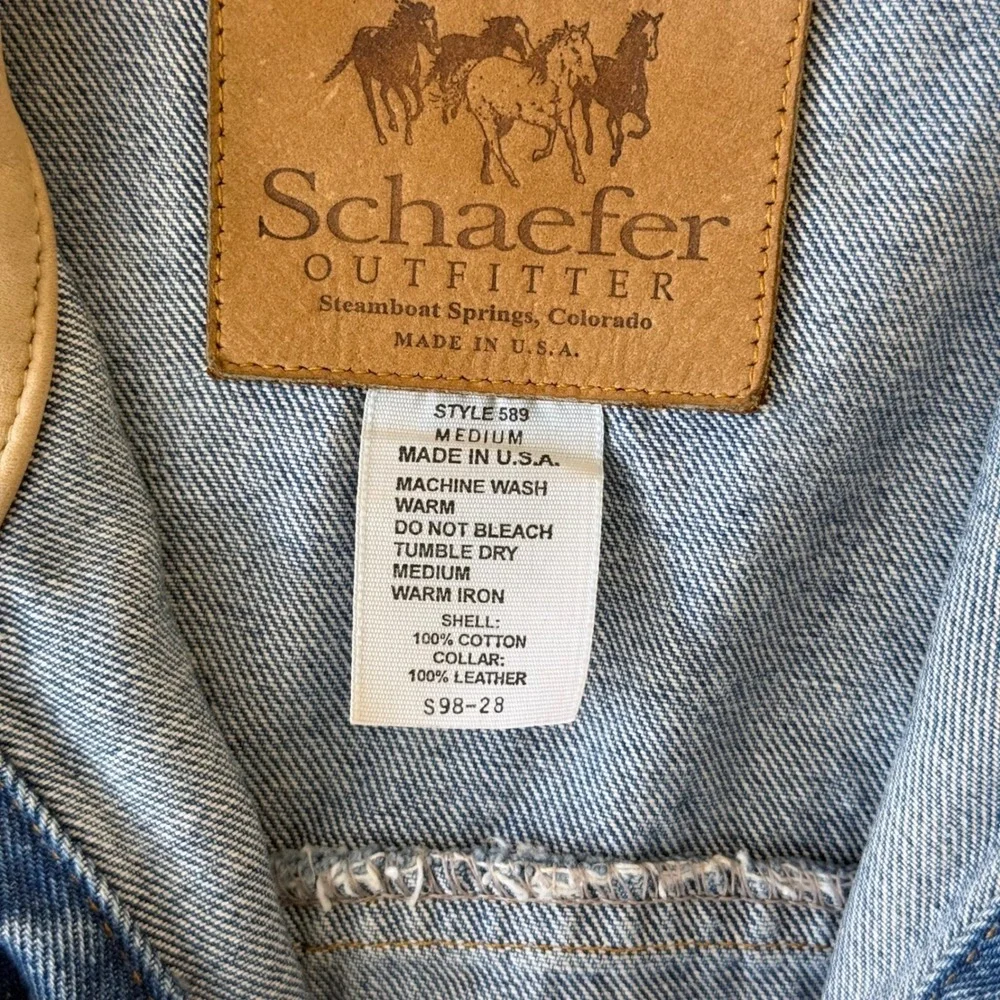 Vintage Schaefer Outfitter Denim Jacket M Leather Collar Western USA Ranch
